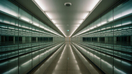 Obraz premium Sleek mirrored hallway with endless perspective and modern lighting