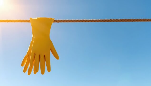 Rubber work gloves dry on a rope under the sun against a blue sky.