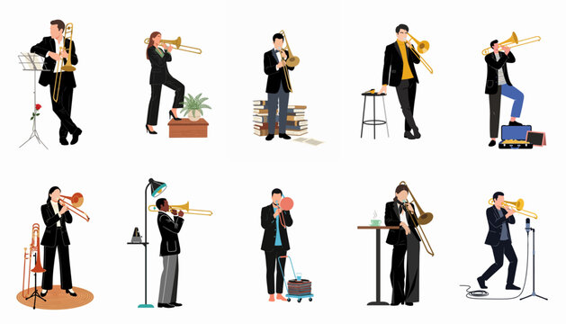 Set of diverse professional trombone players in various artistic poses and stylish outfits, featuring musical accessories in a clean flat vector illustration style.