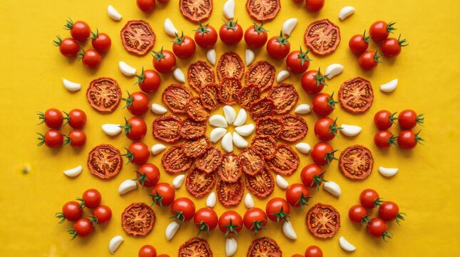 Circular pattern of fresh cherry tomatoes, sundried tomatoes, and garlic cloves on yellow background