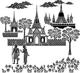 Thai temple mural vector outline © Tawan