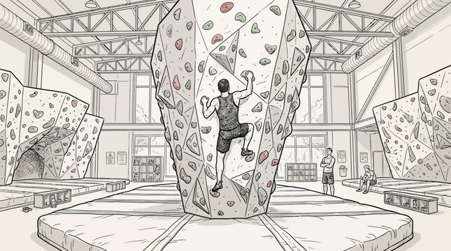 A detailed pencil sketch illustration of an athletic man climbing a large indoor bouldering wall inside a spacious gym with high ceilings and steel trusses.