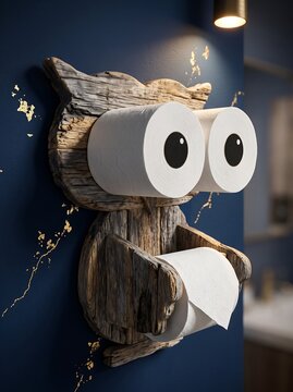 Creative wooden owl toilet paper holder with wide eyes on dark blue wall in modern bathroom interior