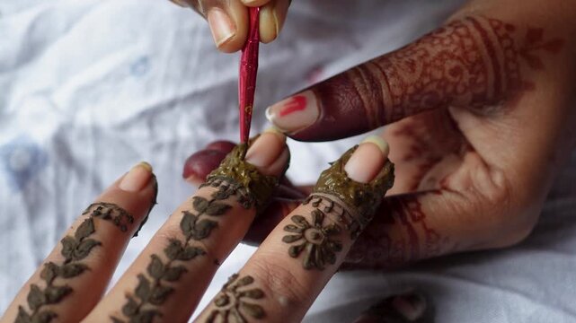 Closeup of artist applying a Henna Mehendi on a woman's hand, beautiful, intricate with flowers. Indian traditional henna designs for celebration and cultural expression.