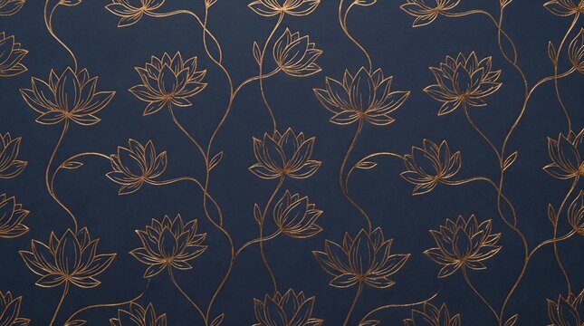 Elegant minimalist gold foil floral line art pattern on navy blue
