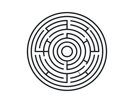 A minimalist line drawing of a circular maze with a central circle