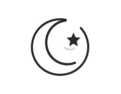 A minimalist line drawing of a crescent moon with a star