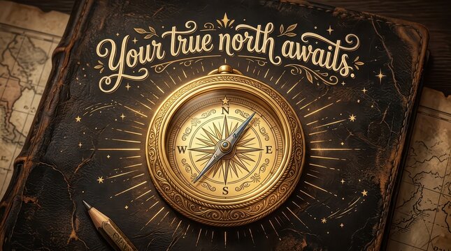 Vintage golden compass on old book with map and inspirational quote "Your true north awaits", symbolizing direction, adventure, and purpose.