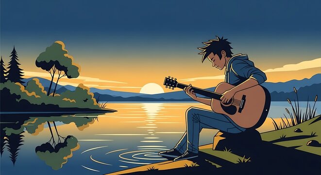 Man in blue shirt playing electric guitar by lake at sunset.