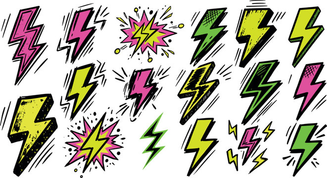 Colorful comic lightning bolt collection with pop art electric flash symbols, cartoon thunder icons, and retro comic book explosion elements vector set