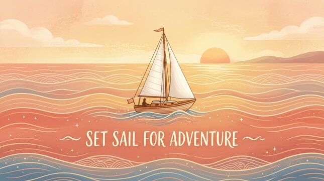Sailboat on a calm sea at sunset with the text 'Set Sail for Adventure', evoking a feeling of journey and exploration