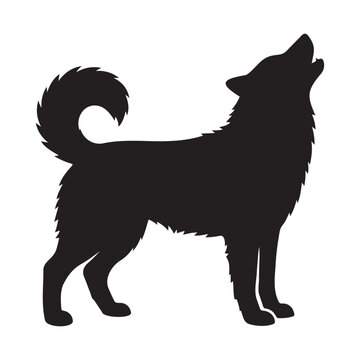 Howling Siberian Husky Silhouette Vector, Alaskan Malamute or Wolf Dog Breed Illustration, Vocalizing Pet Barking Isolated on White Background
