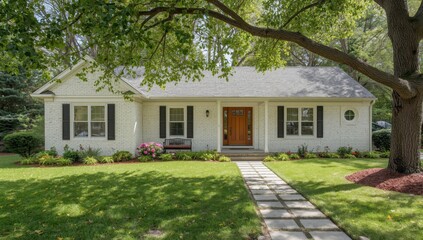 Obraz premium The entrance of a newly updated white-brick ranch home with a spacious yard.
