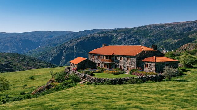 Traditional old stone country house with bright orange tiled roof sitting on lush green mountain meadow with colorful flower garden under clear blue sky