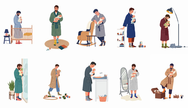 Set of Tired Fathers in Bathrobes Caring for Crying Newborns at Night, Flat Vector Illustration Representing Parenthood Challenges and Exhaustion.