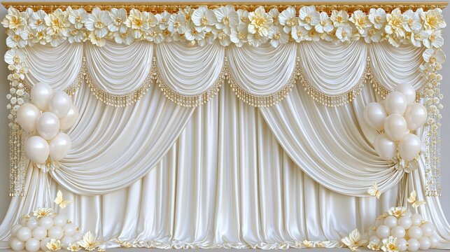 Luxurious elegant wedding ceremony backdrop decorated with ivory silk curtains white flowers balloons and golden crystal trimmings for beautiful memorable event photos