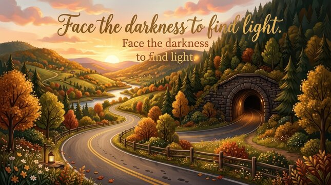 Scenic winding road through autumn mountains leading to a tunnel with golden sunset and inspiring quote "Face the darkness to find light."