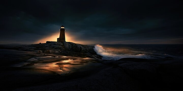Dramatic dark coastal landscape with classic lighthouse standing on rocky shore as ocean wave breaks against dark rock with warm glowing sky after sunset
