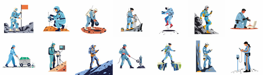 A collection of various astronauts and space explorers performing scientific research, exploration, and construction tasks on an alien planet surface. © Isabella