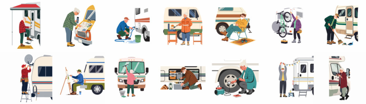 Active elderly couple enjoying van life, featuring various illustrations of RV maintenance, leisure activities, and traveling adventures on a white background.