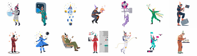 Set of astronaut characters celebrating birthdays and parties in outer space, wearing spacesuits and party hats with gifts, cakes, and balloons. © Ricardo