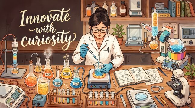 Scientist conducting experiment in laboratory with text "Innovate with Curiosity" inspiring research and discovery