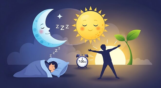 Sleeping cartoon dog with clock and moon in dream bubble.