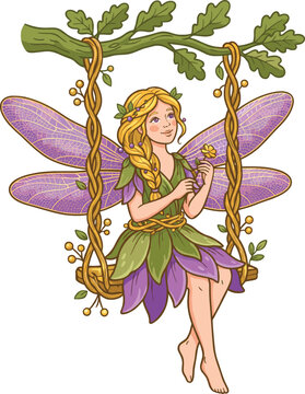 Whimsical fairy illustration with purple wings sitting on a vine swing under an oak tree branch design