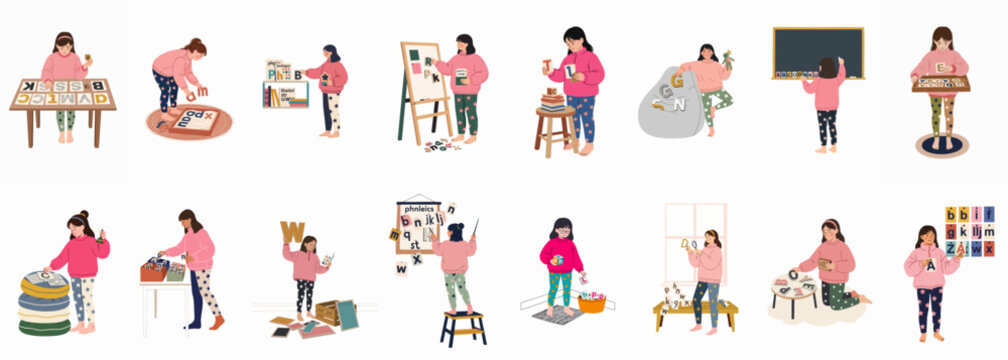 Set of illustrations showing a young girl engaged in various phonics and literacy activities for early childhood education and alphabet learning.