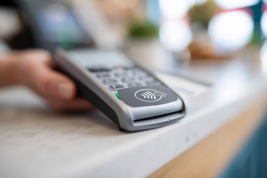 Hand holds payment terminal on countertop. Green light indicates active transaction. Blurred background shows store or cafe setting. Close-up captures modern payment technology