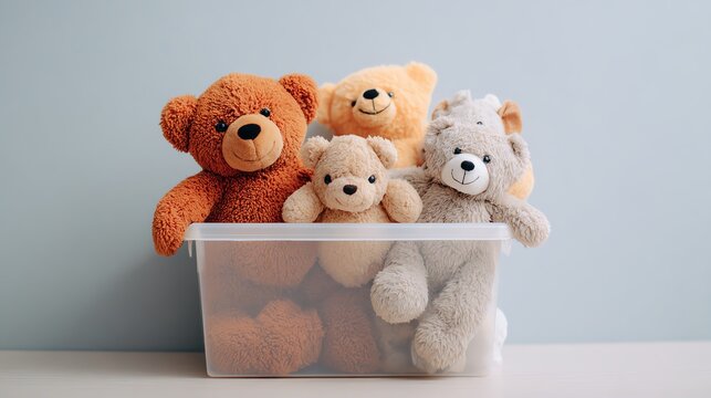 Colorful stuffed bears in modern storage box.