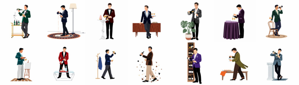 Elegant collection of illustrated men in formal suits pouring and serving drinks at luxury events and parties, isolated on a white background.