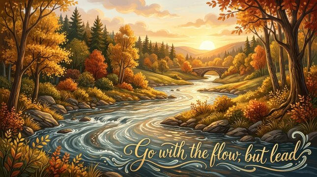 Serene Autumn River Landscape at Sunset with a Stone Bridge and Inspiring Quote "Go with the flow, but lead"