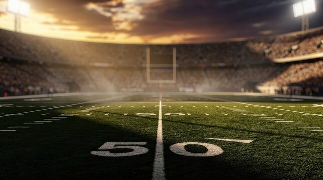 A brightly lit American football stadium at sunset, focusing on the 50-yard line with an empty field and a large crowd in the stands.