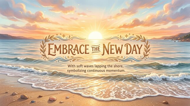 Serene beach sunrise with gentle waves lapping the shore and the inspirational quote 'Embrace The New Day'