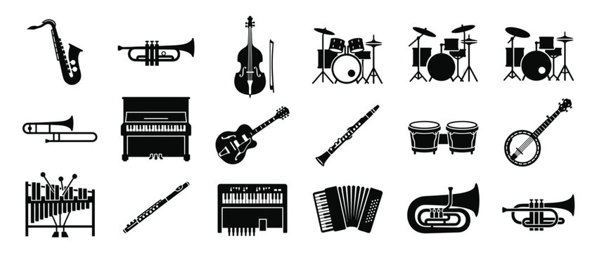 Collection of Musical Instrument Silhouettes on White Background
