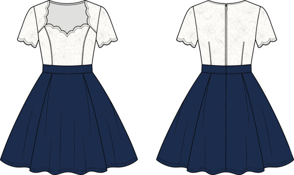Fashion technical sketch of a women's floral lace bodice dress with short sleeves and solid pleated skirt