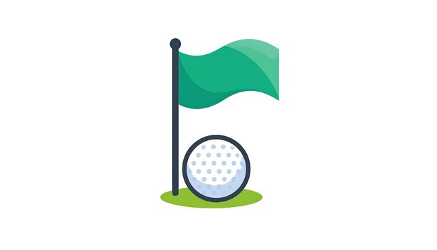 A minimalist illustration of a golf ball and flag on a green