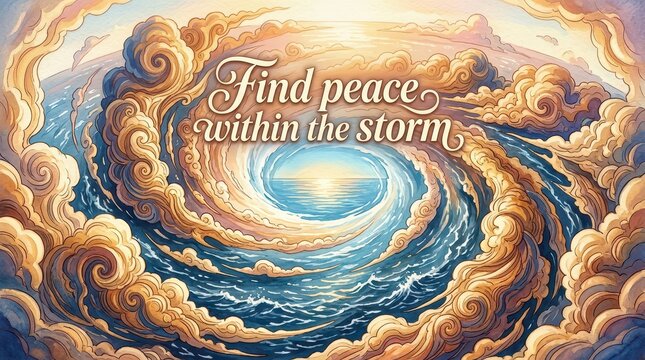 Serene ocean vortex with dramatic clouds and inspirational text "Find peace within the storm" - hope and tranquility concept