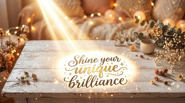 Shine Your Unique Brilliance Inspirational Quote on a Rustic Wooden Table with Soft Bokeh Lights and Dried Flowers