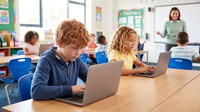 Focused young pupils using portable computers during interactive primary school classroom learning lesson session with elementary students diligently