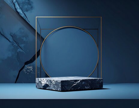A minimalist stage setup with a marble base and gold geometric frames against a blue background