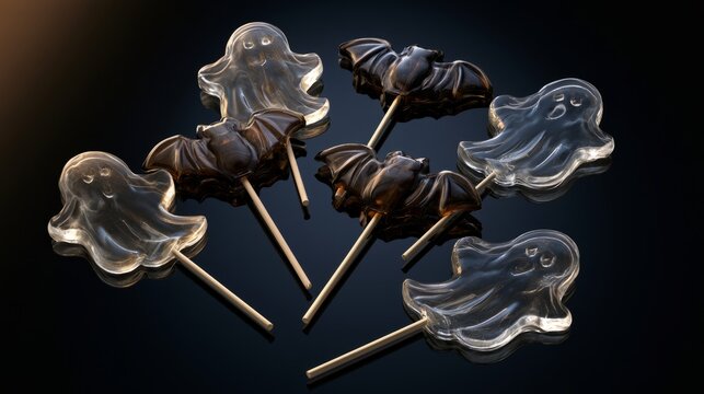 Ghost and Bat Lollipops on Dark Background