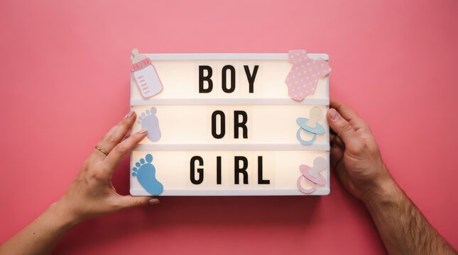 Hands holding a light box with the text boy or girl on a pink background for a gender reveal party