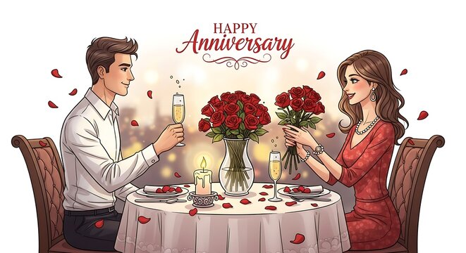 Happy anniversary couple celebrating with red roses and wine.