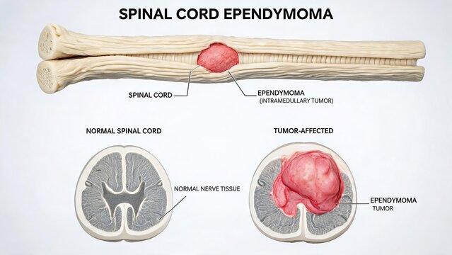 Comparative medical 3D render of spinal cord ependymoma, longitudinal spinal cord cross-section paired with axial slices contrasting healthy nerve tissue vs intramedullary ependymoma tumor white backg