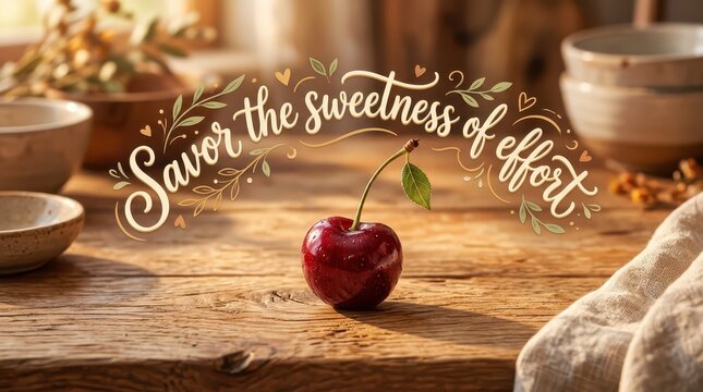 Single ripe cherry with motivational text "Savor the sweetness of effort" on wooden table, close-up