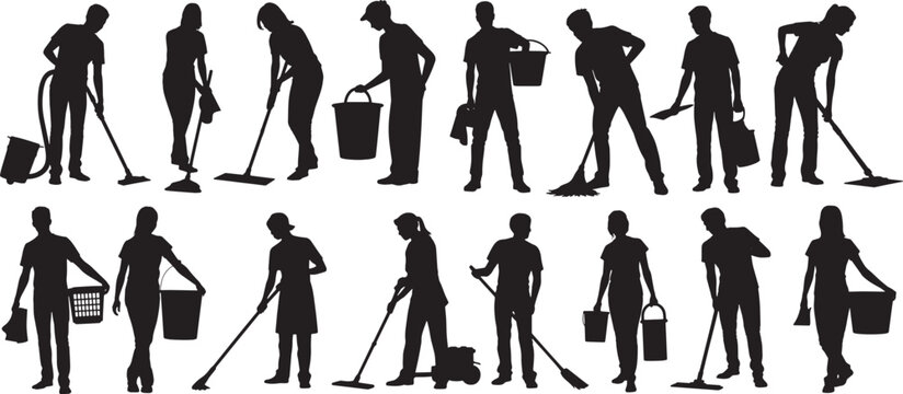 Cleaning worker silhouette vector set, janitor service staff collection, janitors cleaning floors with mops isolated on white background