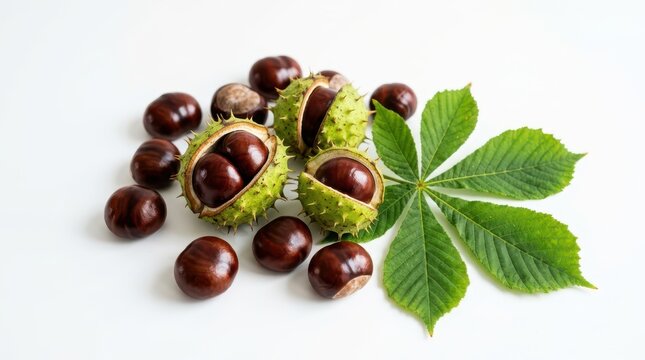 Horse chestnuts with spiky shells and a green leaf isolated on white background
