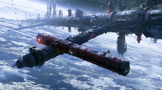 A spaceship docking with a large satellite station orbiting Earth